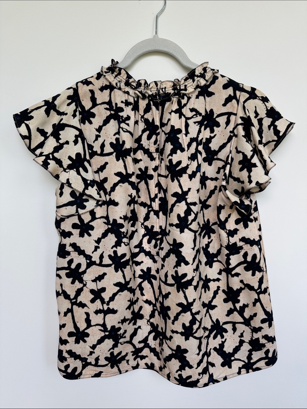 Ulla Johnson Julia-  Black Floral Print Ruffle Collar Blouse on Beige
